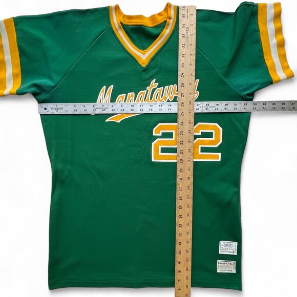 True Vintage Sand Knit Medalist Manatawny Baseball Jersey Green Yellow L 70s 22 - Picture 11 of 11